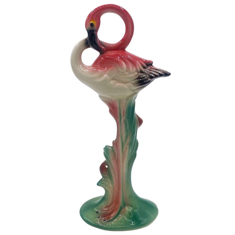 Matching Mid-century Pink Flamingo Ceramic Tabletop Statue Set By Brad Kealer