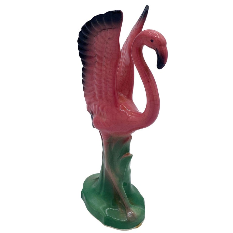 Mid-century Ceramic Mid Flight Pink Flamingo Tabletop Statue Set By Leftons