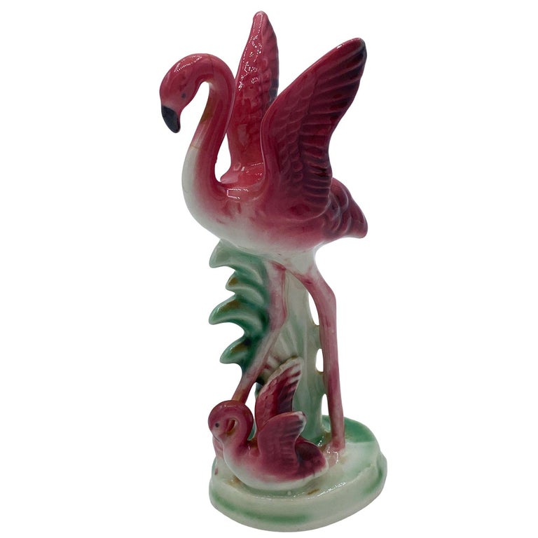 Mid-century Ceramic Miniature Pink Flamingo Tabletop Statue By Leftons