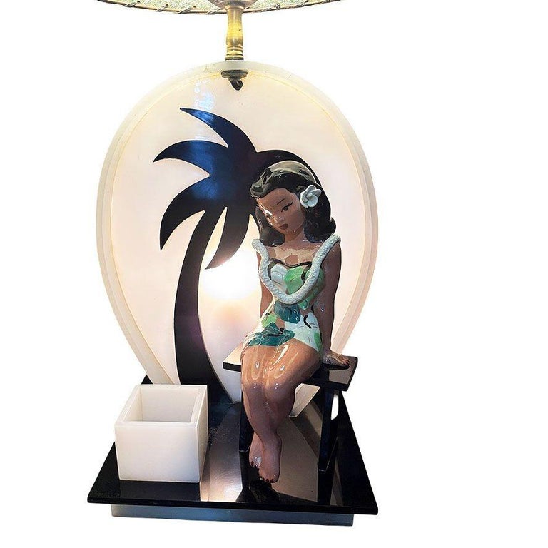 Mid-century Acrylic Hula Girl Midnight Palm Silhouette Table Lamp by Moss