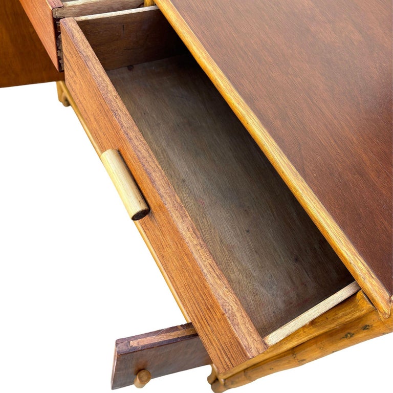 Restored Early Mid-century Stacked Rattan Credenza TV Stand w/ Mahogany Top