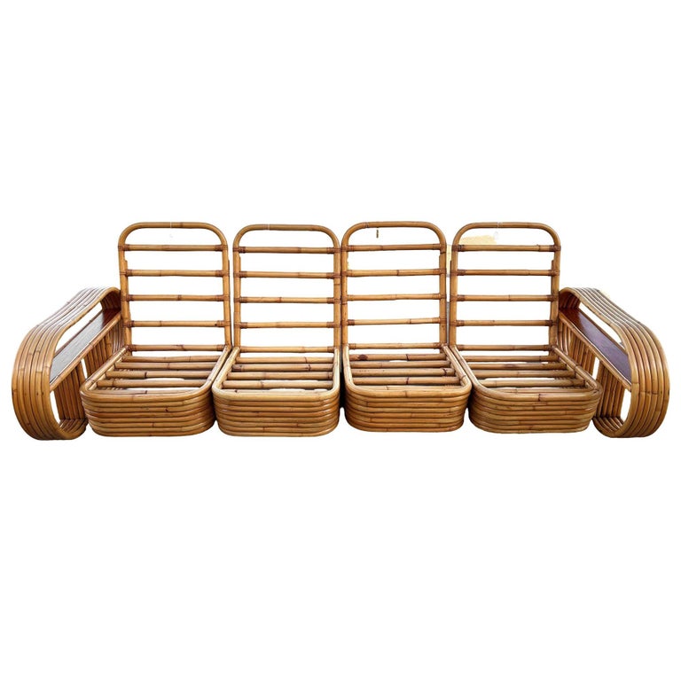 Restored Rattan Six-Strand Shelf Arms Sofa and Chair Set