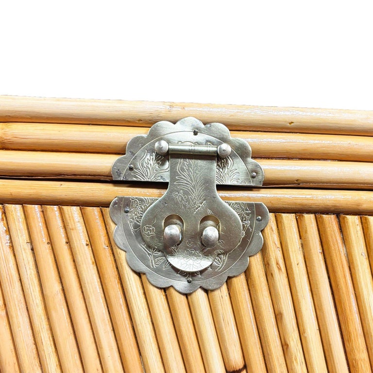 Restored Mid-century Split Reed Rattan & Pine Trunk w/ Brass Paktong Latch