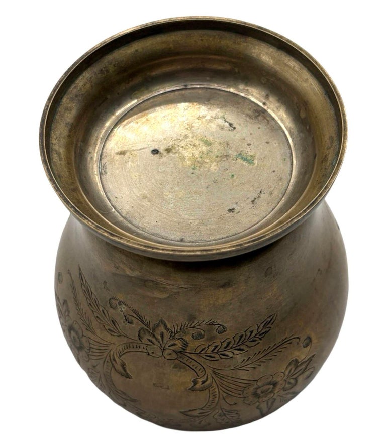 Late Victorian Hand Etched Floral Brass Ice Bucket w/ Whimsical Handle