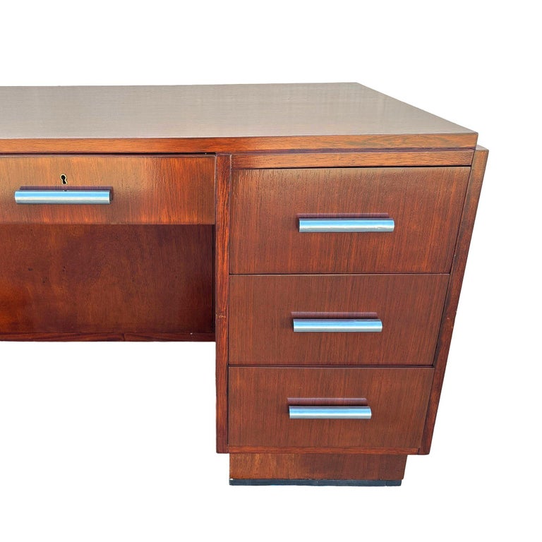 1930s Restored French Art Deco Mahogany and Chrome Executive Desk w/ Bookshelves