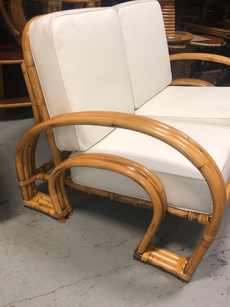 Restored Mid-century Rattan Double Horseshoe Settee Sofa, Pair