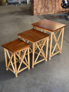 Restored Set of 3 Rattan Nesting X Side Tables with Mahogany Top