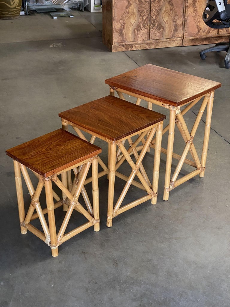 Restored Set of 3 Rattan Nesting X Side Tables with Mahogany Top