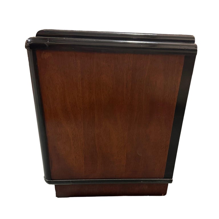 Pair of Two Toned Art Deco Cherry Wood & Lacquer Bedside Tables w/ Stepped Top