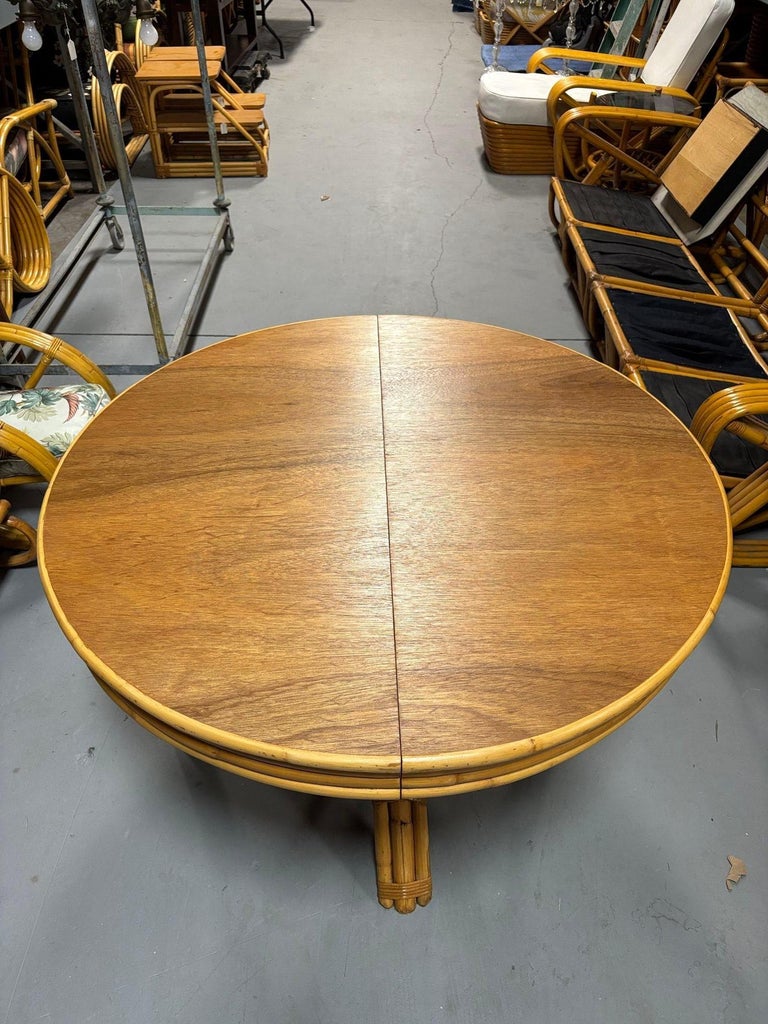 Restored Round Rattan & Mahogany Dining Table W/ Leaf