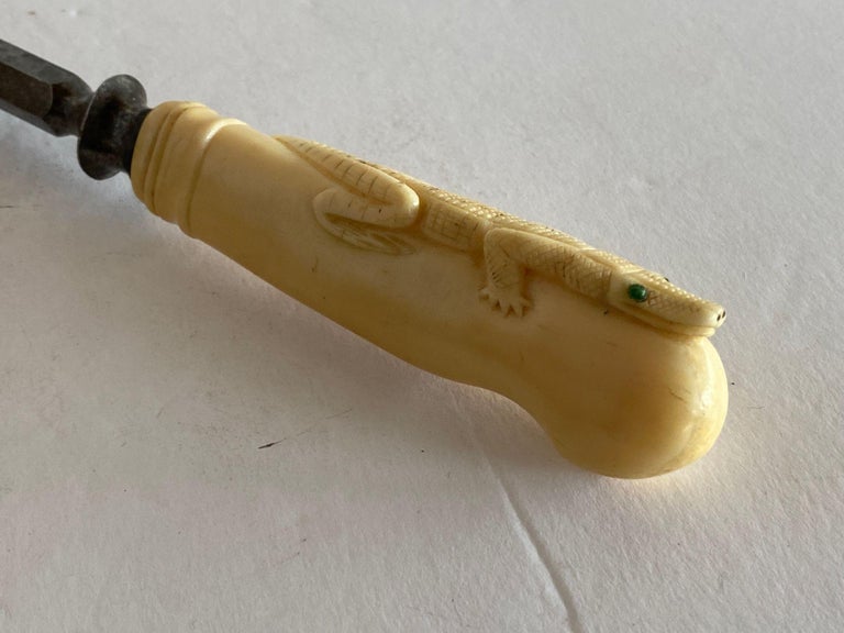 19th Century Hand-Carved Bone Alligator Handled Culinary Carving Set