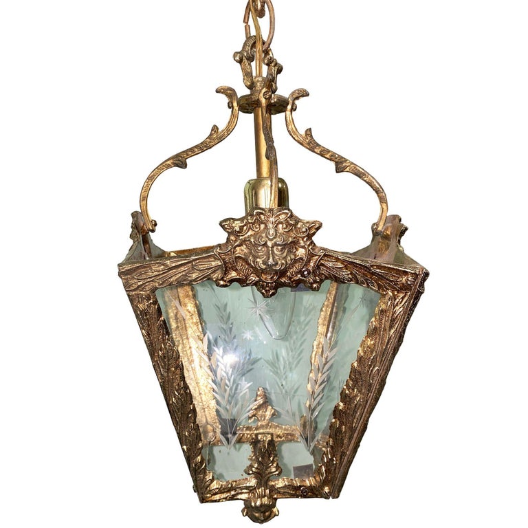 Italian Rococco Style Brass Lantern Hanging Wall Sconce w/ Etched Glass Panels