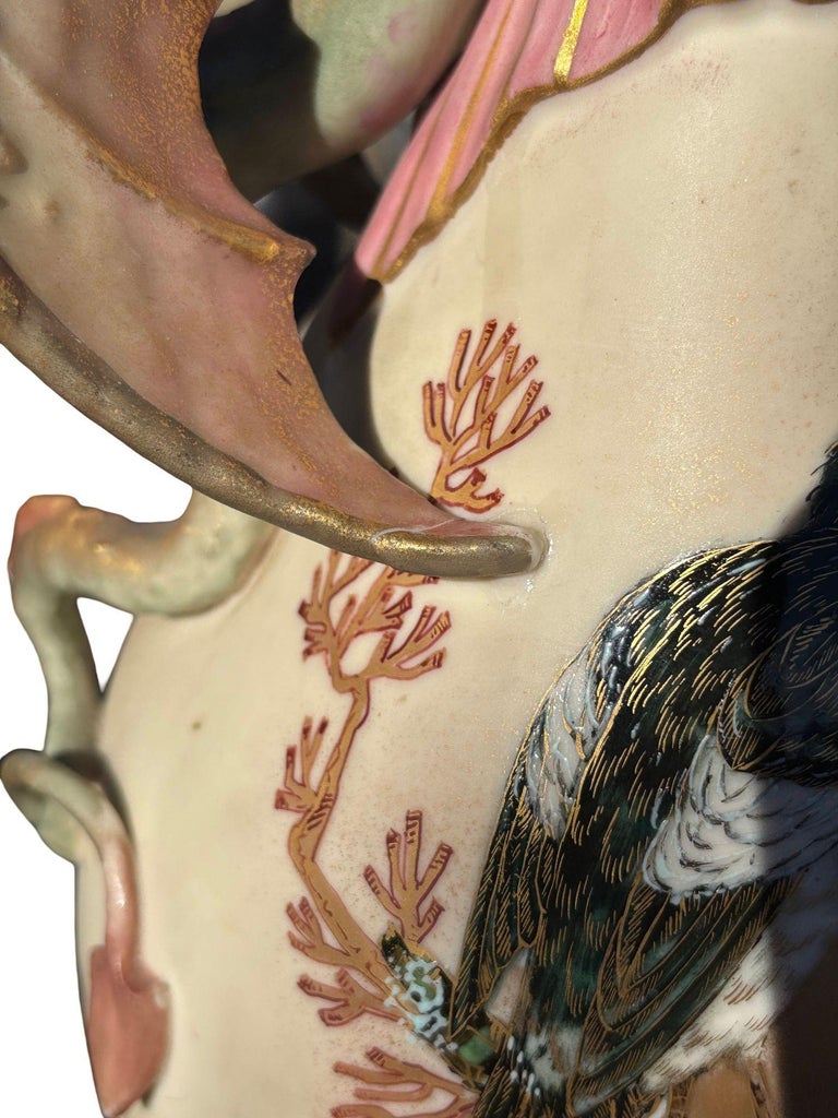 Victorian Dragon Handle Ceramic Vase w/ Hand Painted Corvus by Alfred Stellmache