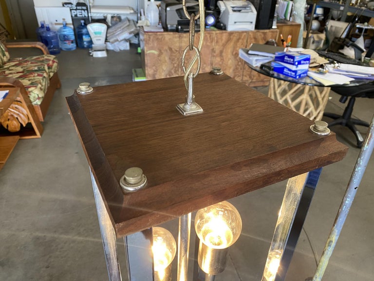 1970s Post Modern Teak and Chrome Pendant Light Fixture, Pair