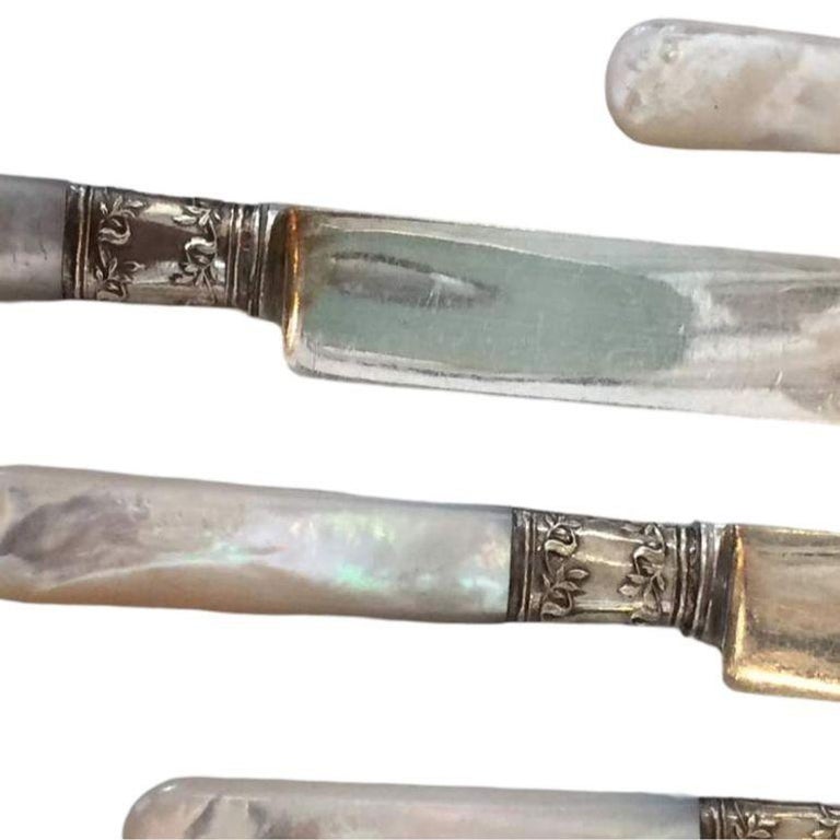 Antique Fish Flatware Set, Sterling Silver with Mother-of-pearl, Set of 18
