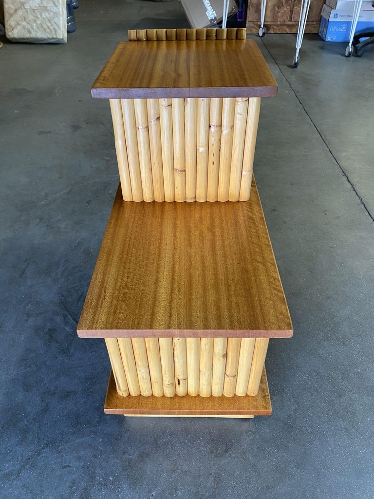 Restored Mid-Century Vertically Stacked Geometric Rattan Side Table, Mahogany