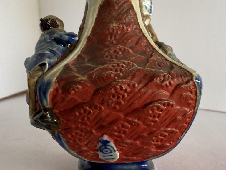 Japanese Sumida Ware Vase with Two Men on Rocky Ledge by Inoue Ryosai II