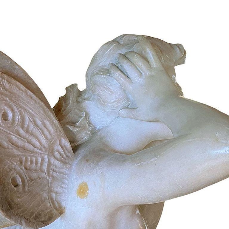 Late Victorian French Hand Carved Nude Psyche Goddess Marble Statue, signed