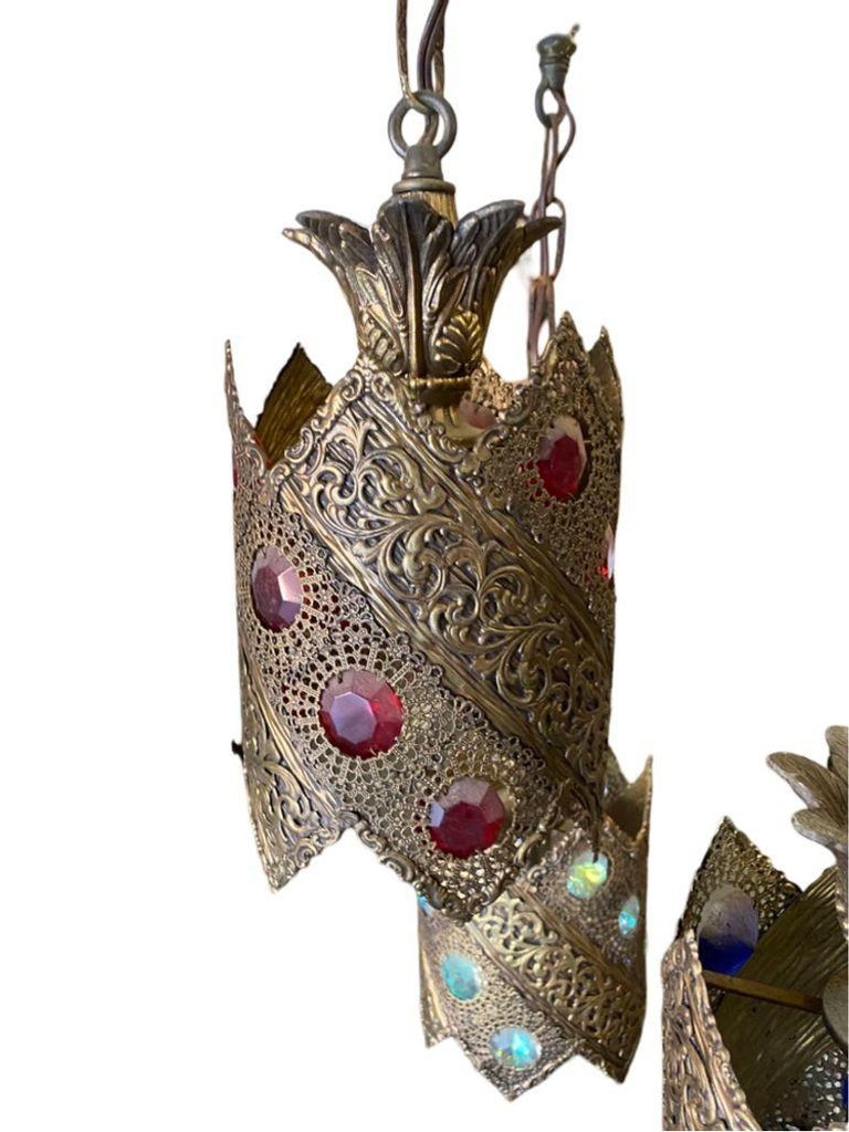 Hollywood Regency Jewel Prisms Filigree 5 Light Hanging Chandelier, Circa 1950