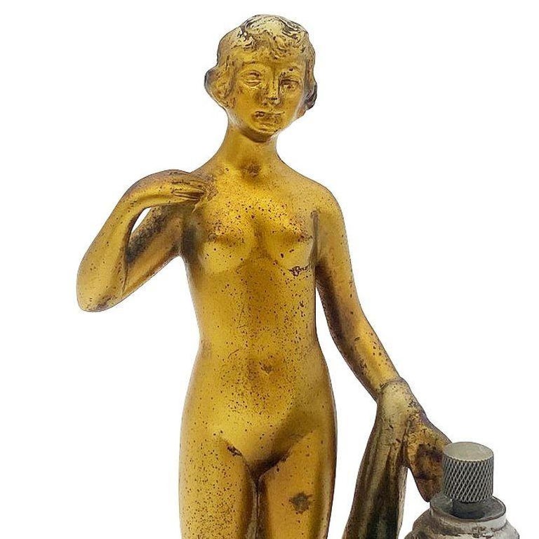 Art Deco Spelter Metal Nude Flapper Goddess Desktop Torch Tip Table Lighter