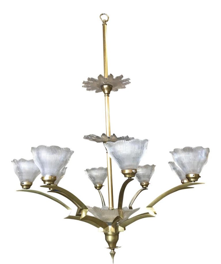 Bronze Modernist Lighting Bolt Chandelier with Holophane Glass Fixtures