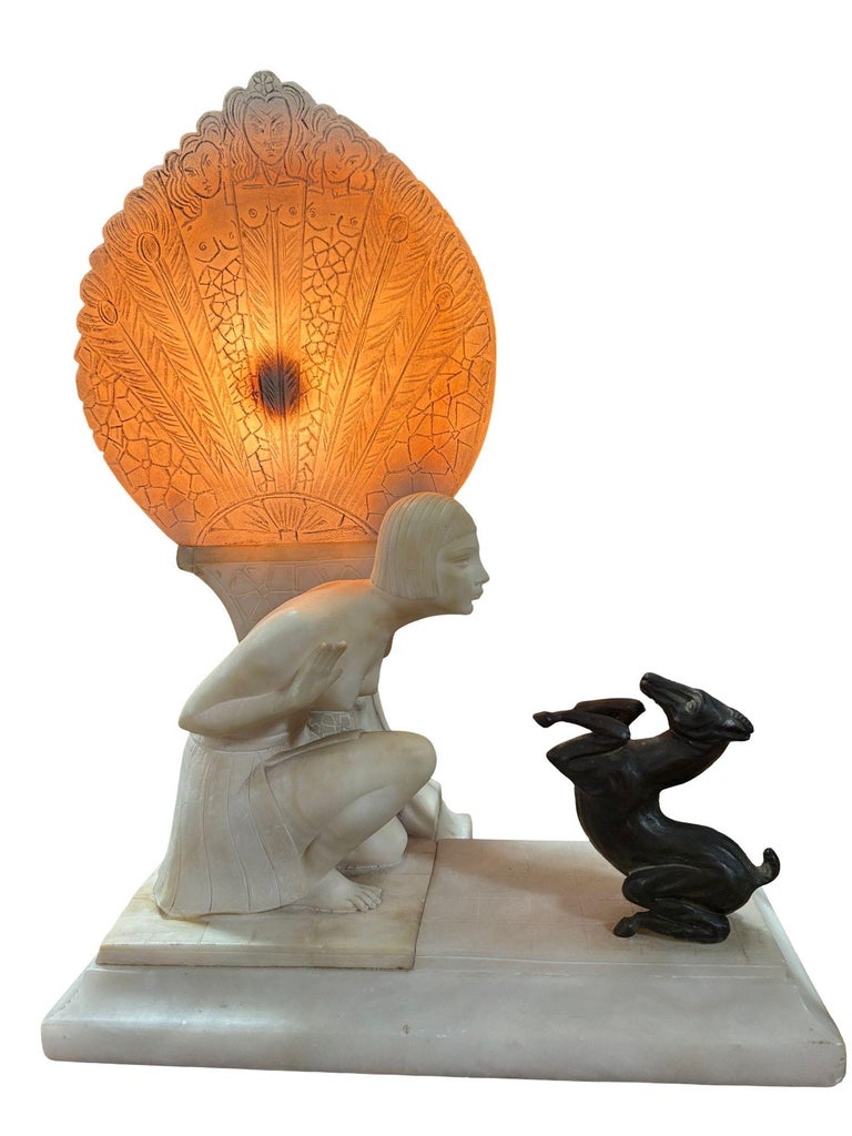 Hand Carved Art Deco Nude Flapper Girl Alabatser Table Lamp w/ Bronze Gazelle