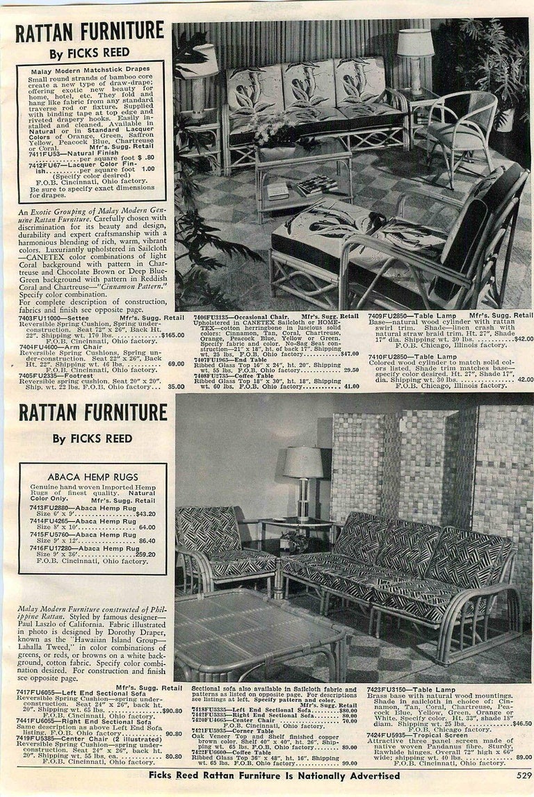 Restored Paul Laszlo Designed Rattan 4-Strand Sectional Settee by by Ficks Reed