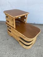 Restored Two-Tier Stacked Rattan Side Table with Mahogany Tops, Pair