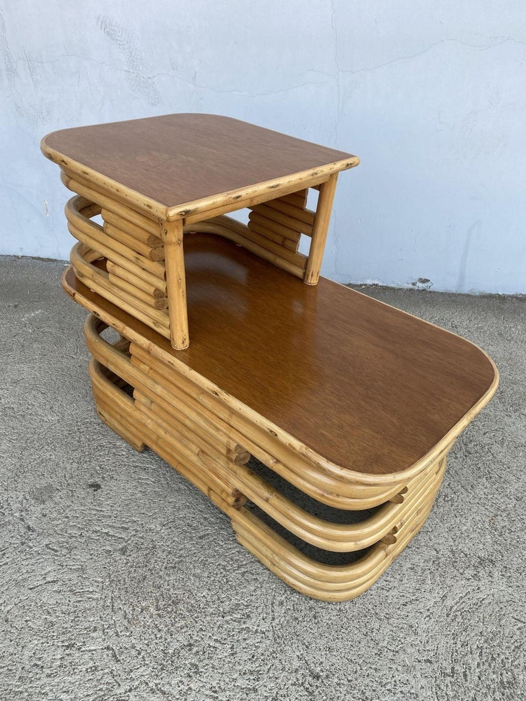 Restored Two-Tier Stacked Rattan Side Table with Mahogany Tops, Pair