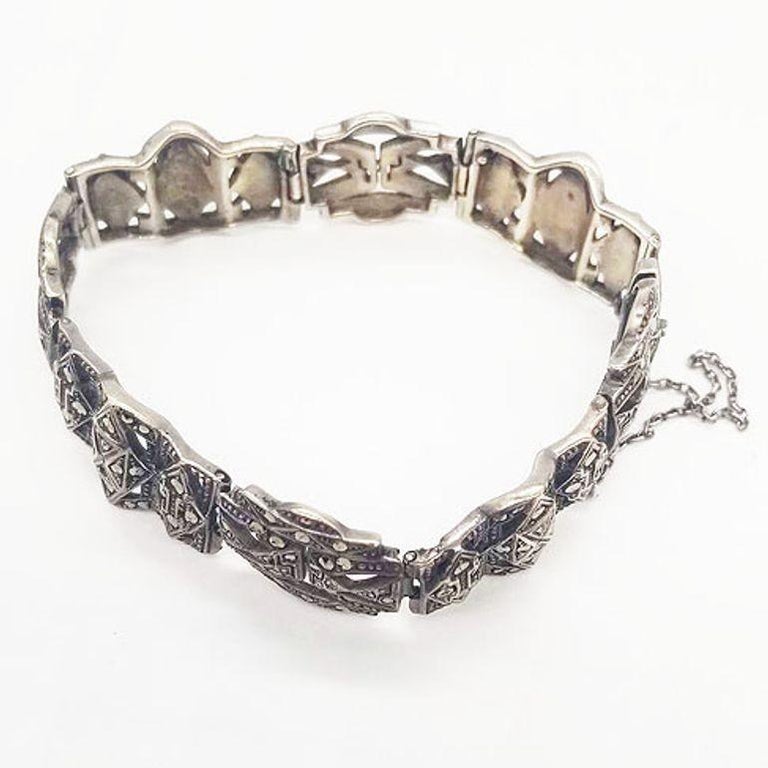 Sterling Silver French Paste Marcasite Jewelry Set, Brooch, Bracelet, Earrings