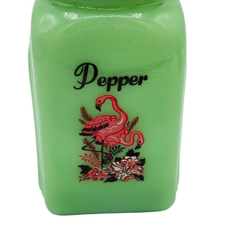 Mid-century Jadeite Green Glass Pink Flamingos Salt and Pepper Set