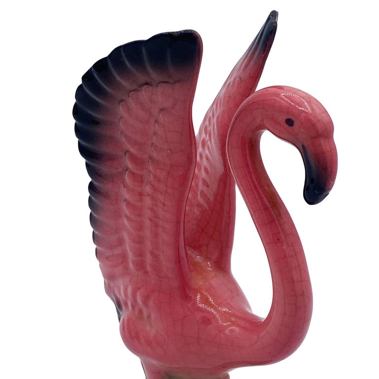Mid-century Ceramic Mid Flight Pink Flamingo Tabletop Statue Set By Leftons