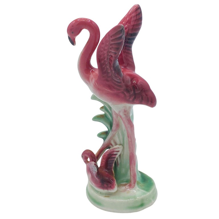 Mid-century Ceramic Miniature Pink Flamingo Tabletop Statue By Leftons