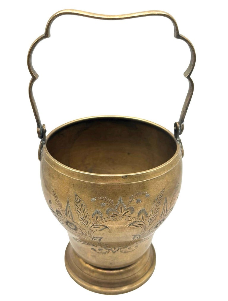 Late Victorian Hand Etched Floral Brass Ice Bucket w/ Whimsical Handle
