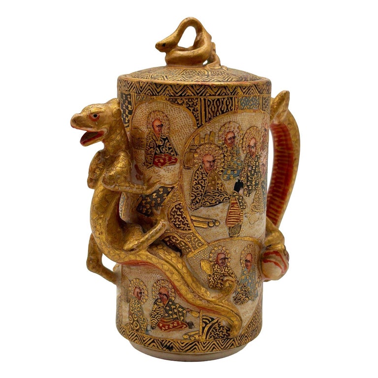 Gyokushu Satsuma Earthenware Saki Pitcher, C. Meiji Period