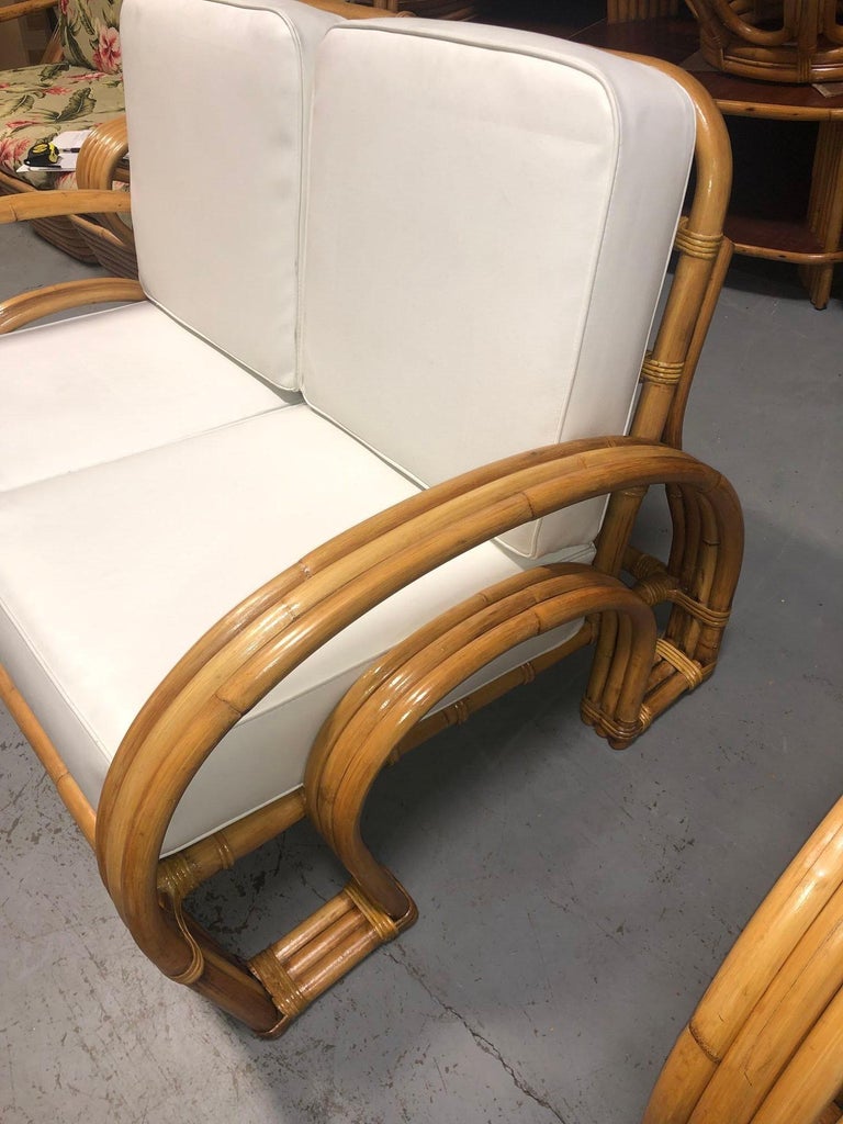 Restored Mid-century Rattan Double Horseshoe Settee Sofa, Pair