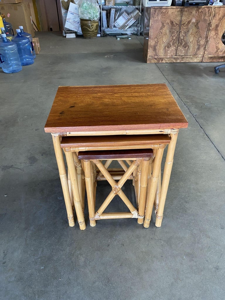 Restored Set of 3 Rattan Nesting X Side Tables with Mahogany Top