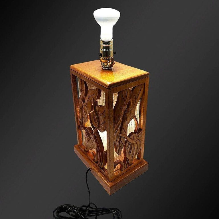 Restored Mid-century Hawaiian Carved Mango Wood Panel Lantern Table Lamps, Pair