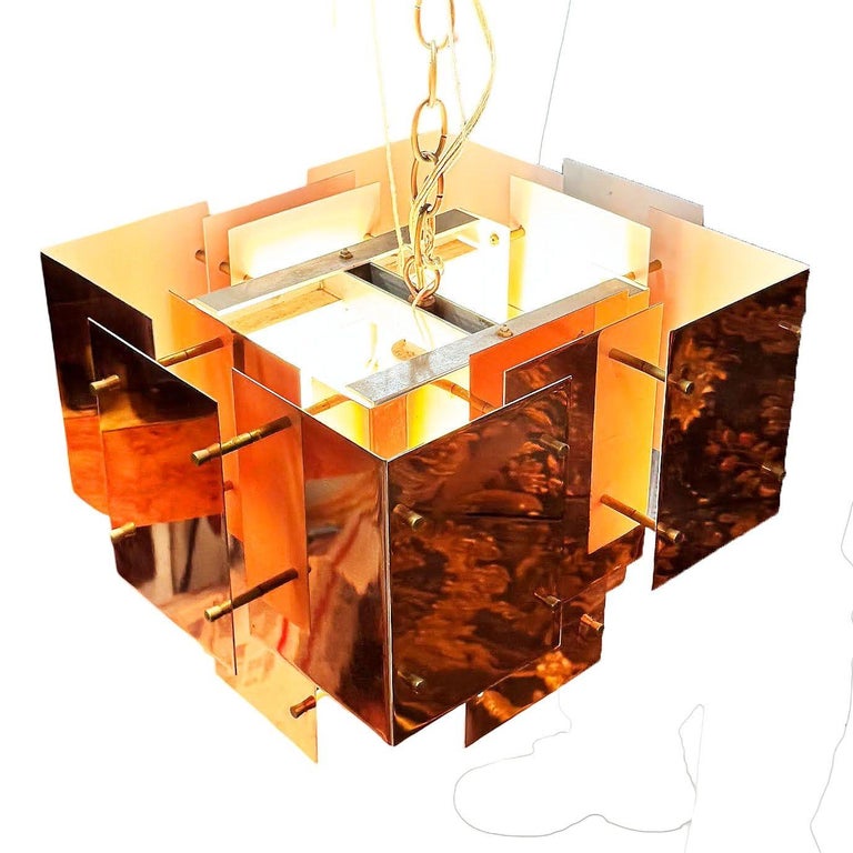 MCM Floating Panel "Cityscape" Brutalist Copper Chandelier By Robert Sonneman