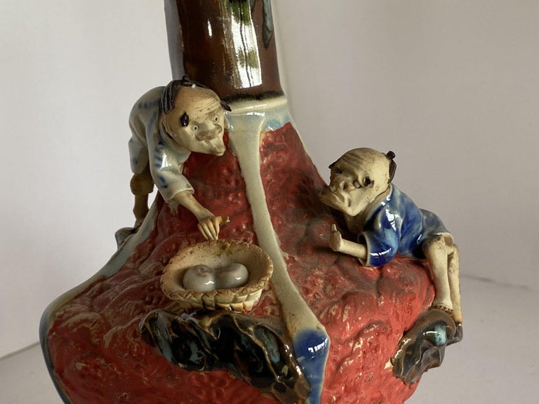 Japanese Sumida Ware Vase with Two Men on Rocky Ledge by Inoue Ryosai II