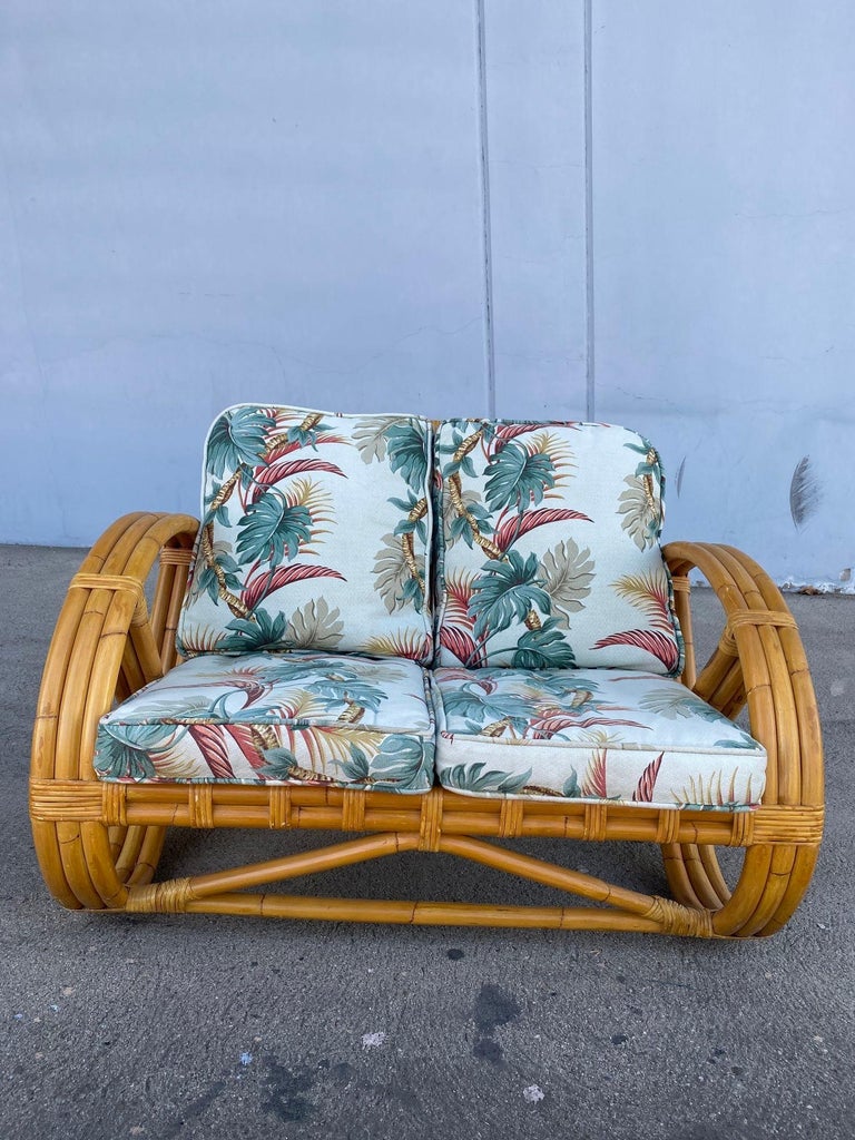 Rare 3-Strand Child Size Round Full Pretzel Rattan Sofa & Lounge Chair Set