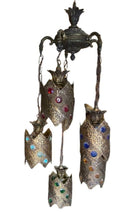 Hollywood Regency Jewel Prisms Filigree 5 Light Hanging Chandelier, Circa 1950