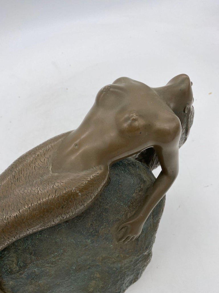 Bronze Mermaid Siren Statue on Beach Rock by James Siebert