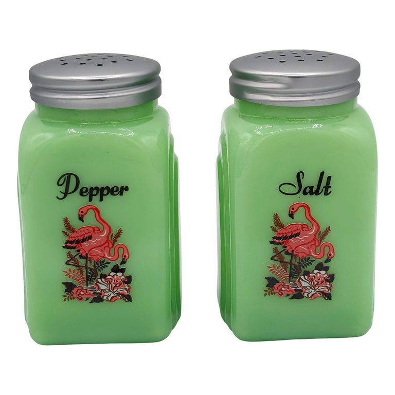 Mid-century Jadeite Green Glass Pink Flamingos Salt and Pepper Set