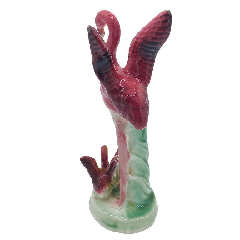 Mid-century Ceramic Miniature Pink Flamingo Tabletop Statue By Leftons