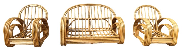 Restored 4-Strand Double Arch Speed Arms Rattan Sofa & Chairs Livingroom Set