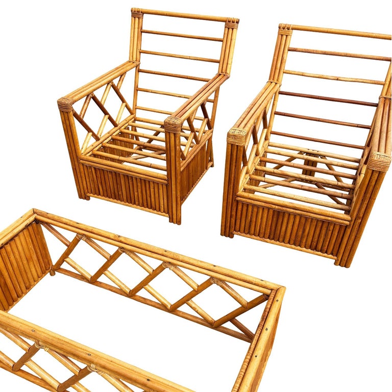 Heywood Wakefield "Oak Rattan" Lounge Chair Pair w/ Coffee Table