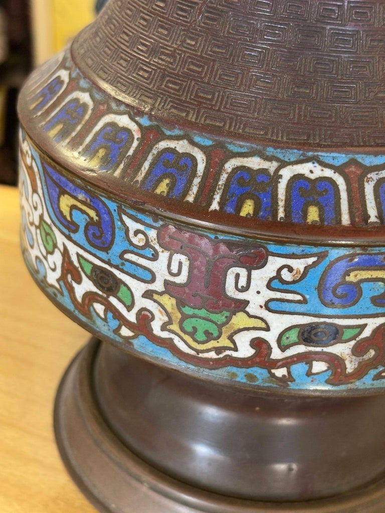 1910 Meiji Period Japanese Cloisonné Lamp with Wrought Iron and Enamel Shade
