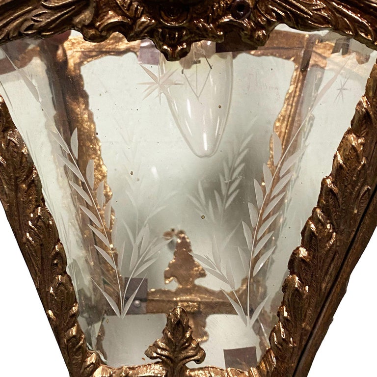Italian Rococco Style Brass Lantern Hanging Wall Sconce w/ Etched Glass Panels