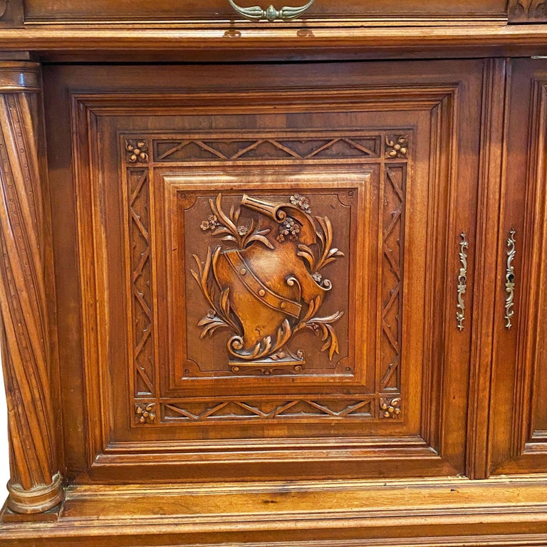 19th Century French Henry II Renaissance Carved Walnut Buffet Sideboard Cabinet